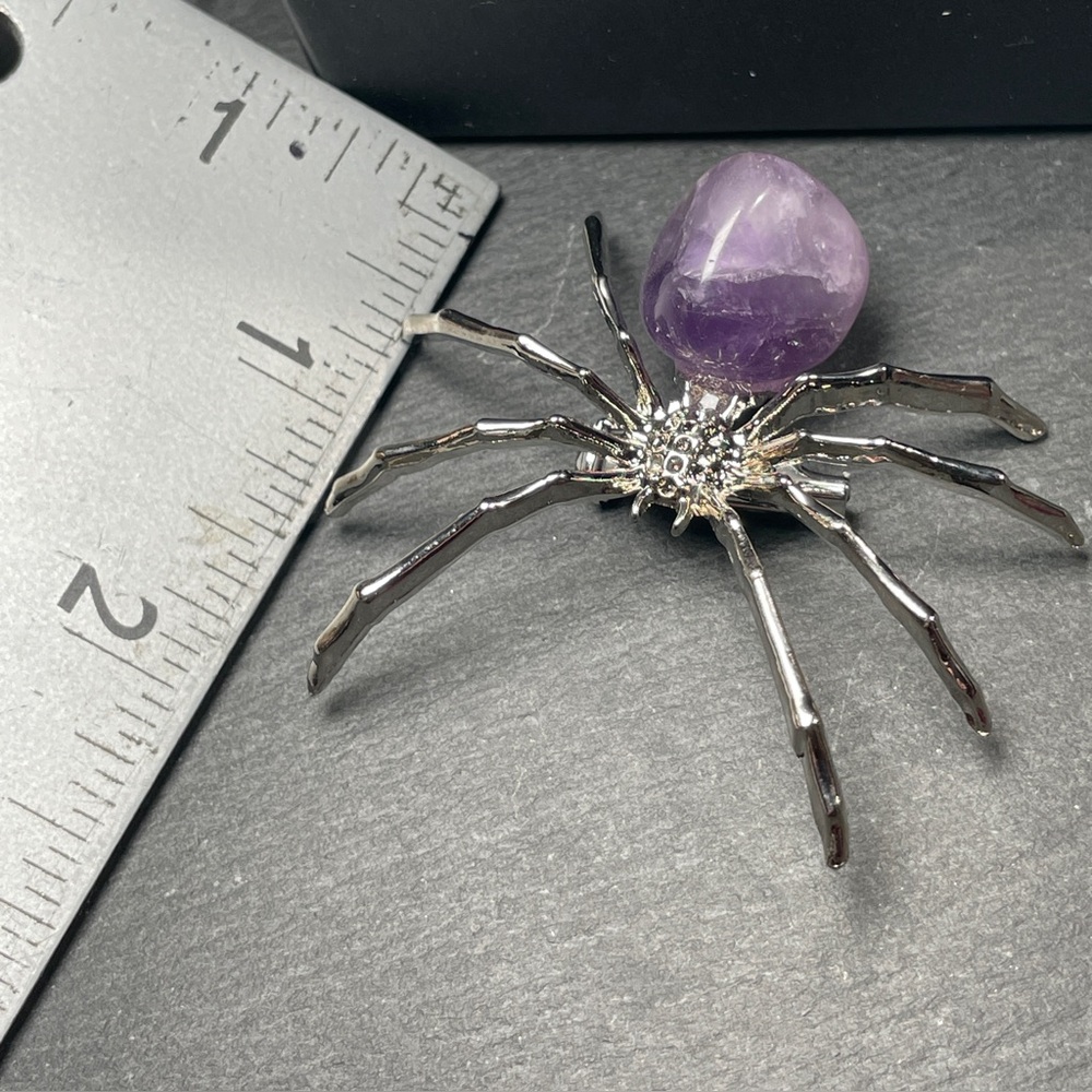 Amethyst Crystal Stone Silver Spider Brooch Artisan Made - Picture 8 of 10